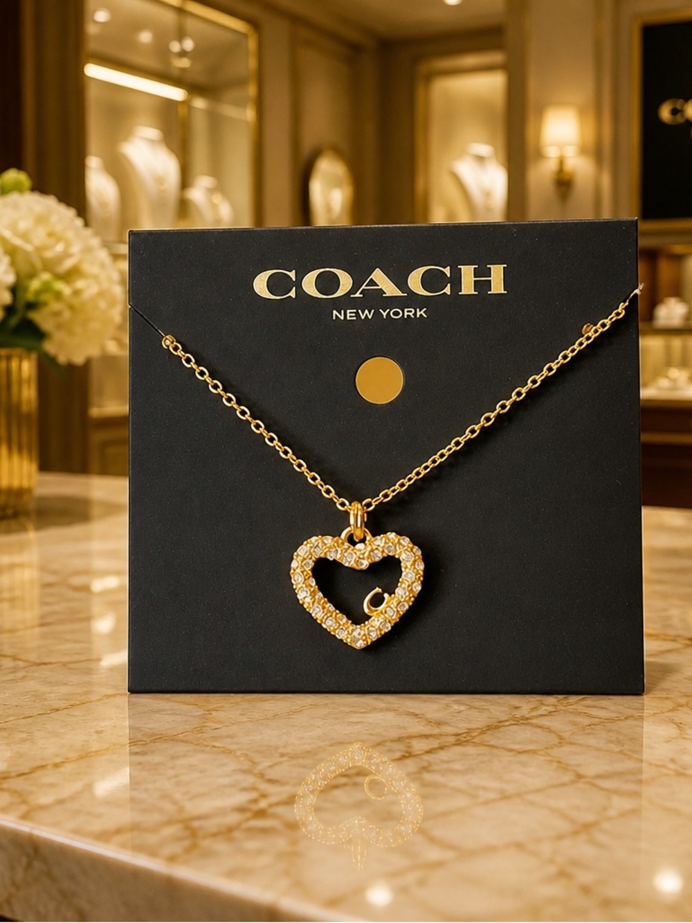 NEW 🍒Coach Gold-Tone Crystal Open Heart Necklace🍒